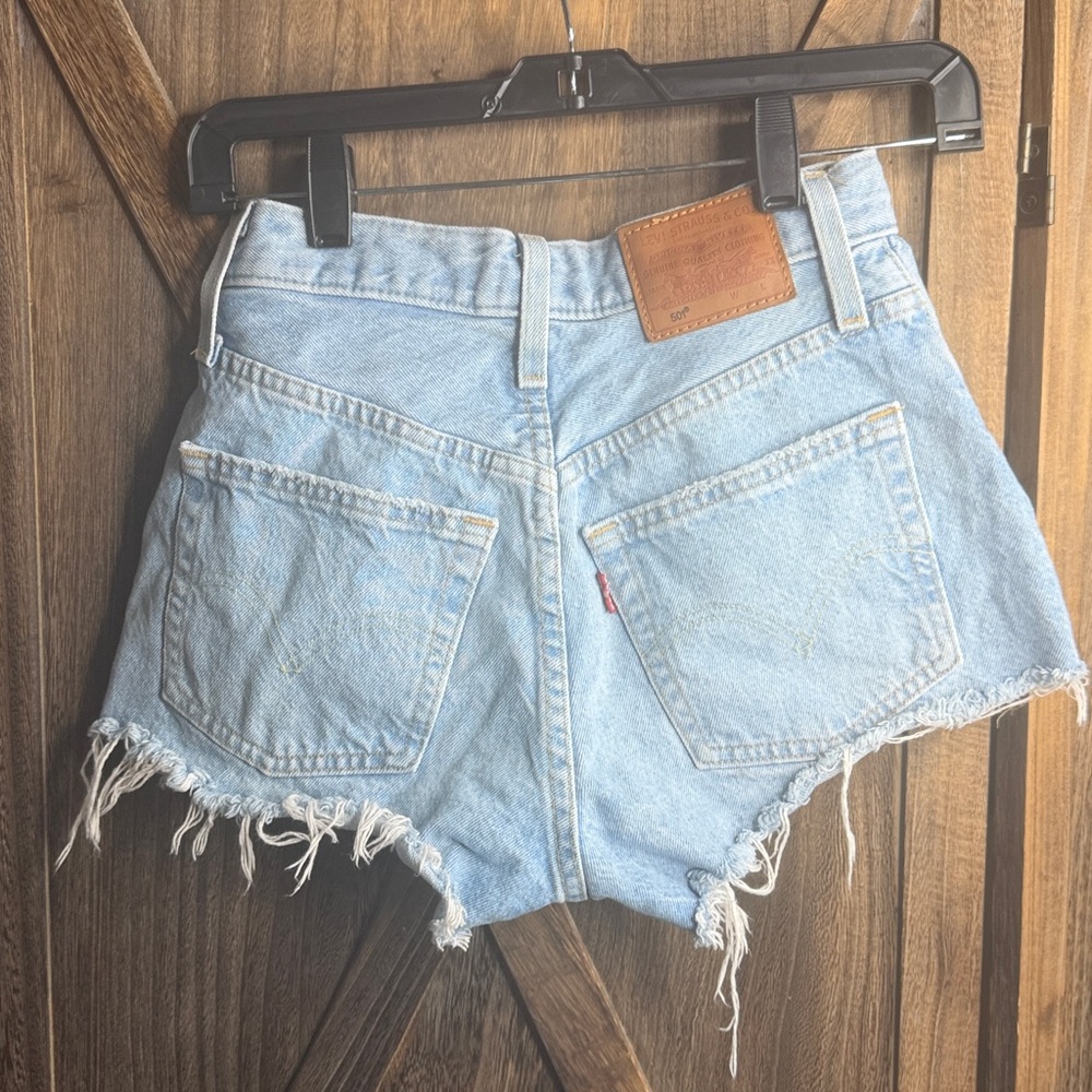 Levi's 501 Button Up Light Blue Frayed Jean Shorts
